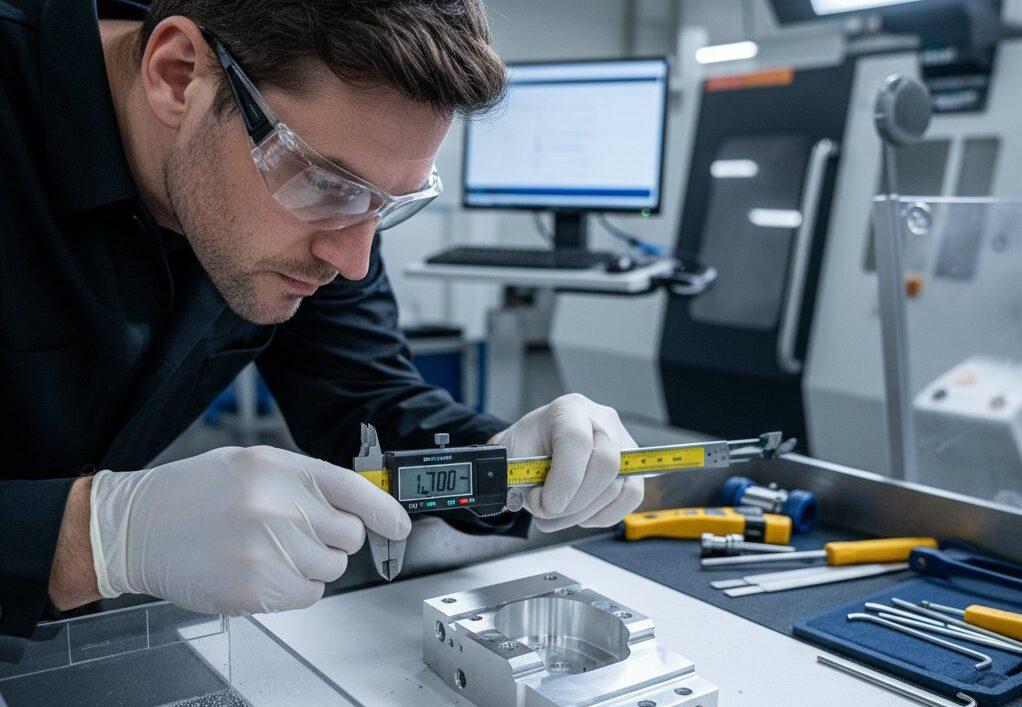 A close-up, high-angle shot captures a skilled engineer at a ly-machining facility, meticulously inspecting a complex, freshly machined metal comp