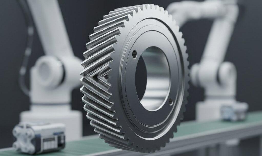 Boosting Batch Efficiency in Precision CNC Machining for Robot Gear & Component Manufacturers 1 A close-up, high-detail shot of a gleaming, intricate precision reducer gear for robotics, crafted from polished metal. The gear's perfectly formed, fine teeth and smooth surface highlight its extreme precision. A blurred, futuristic robotic arm in the background implies its advanced application, all illuminated by soft, professional lighting.