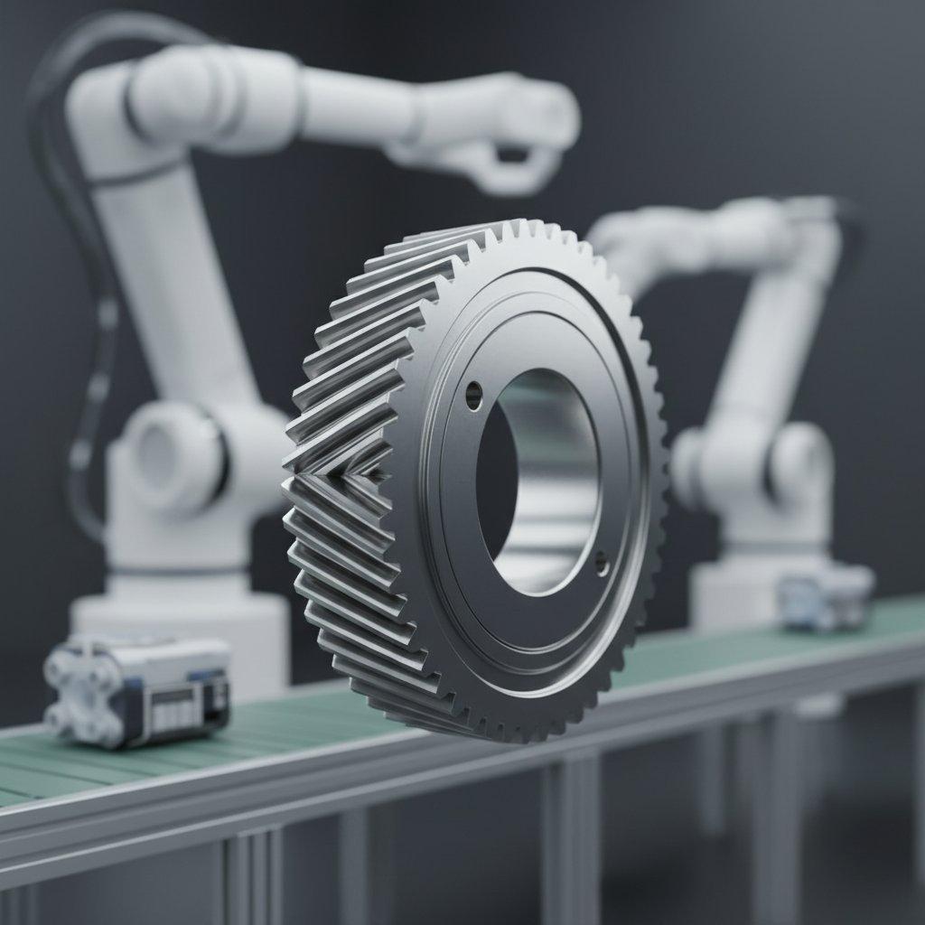 Une prise de vue rapprochée, haute définition, d’un engrenage de réducteur de précision brillant et complexe pour la robotique, fabriqué en métal poli. Les dents fines et la surface lisse de l'engrenage mettent en valeur sa précision extrême. Un bras robotique futuriste flou en arrière-plan suggère son application avancée, le tout éclairé par un éclairage doux et professionnel.