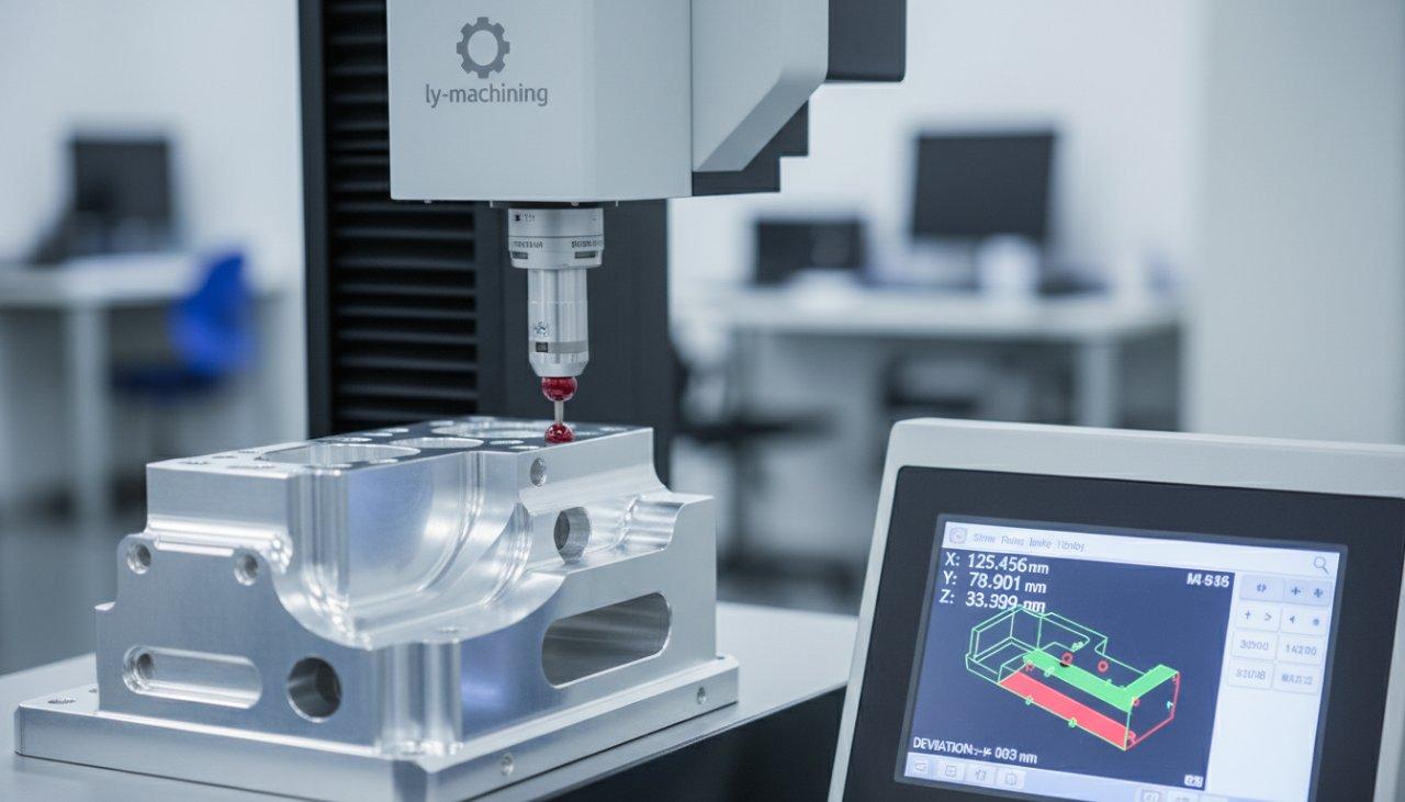 A close-up view of a Coordinate Measuring Machine (CMM) meticulously inspecting a complex small batch CNC machined part. Digital readouts are clearly visible, symbolizing ly-machining's rigorous quality control processes and unwavering commitment to precision manufacturing.