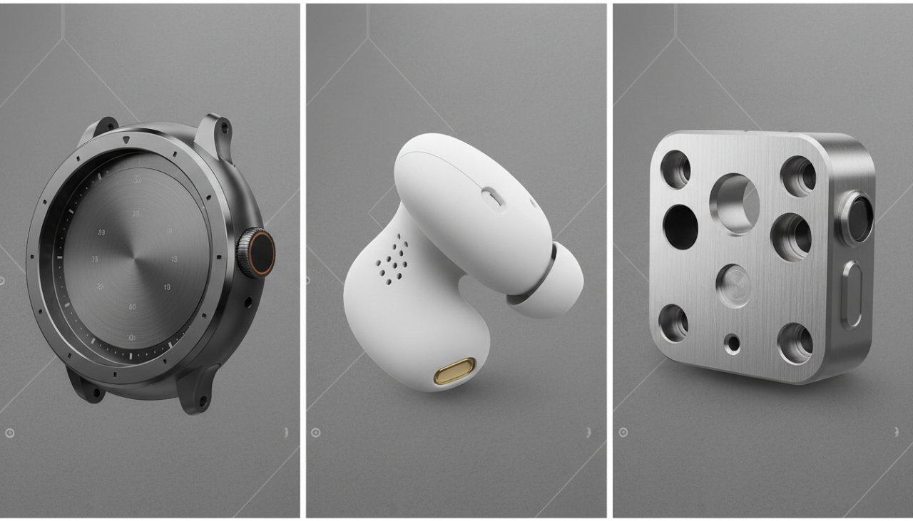 Un collage de composants usinés CNC de haute précision pour l'électronique grand public et les wearables intelligents, comprenant un bezel de smartwatch, un boîtier d'écouteurs et un boîtier de capteur. L'image met en valeur divers matériaux, finitions de surface et détails complexes courants dans la fabrication de précision pour les gadgets technologiques.
