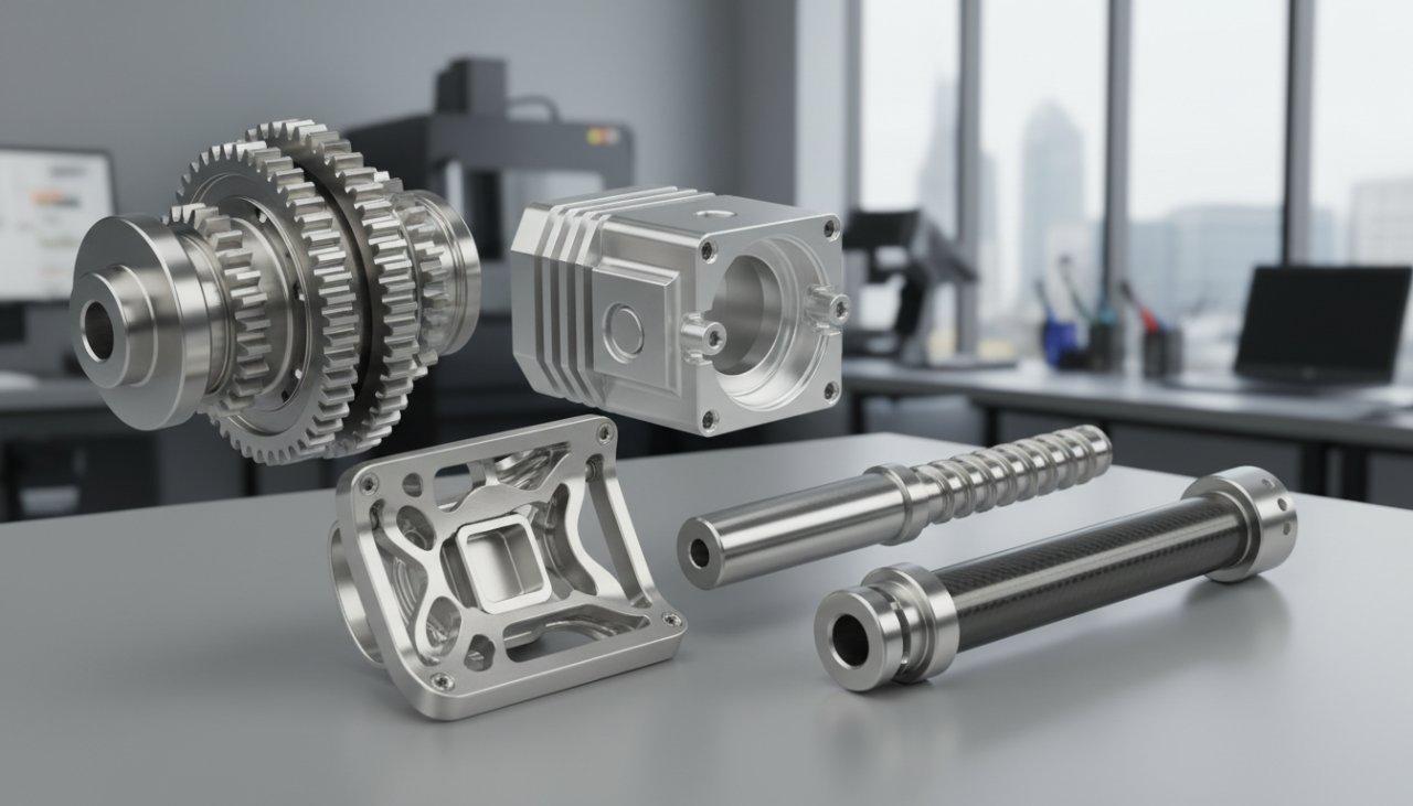 A collage showcasing various gleaming, high-precision CNC machined parts designed for diverse robotic applications. Featured components include an