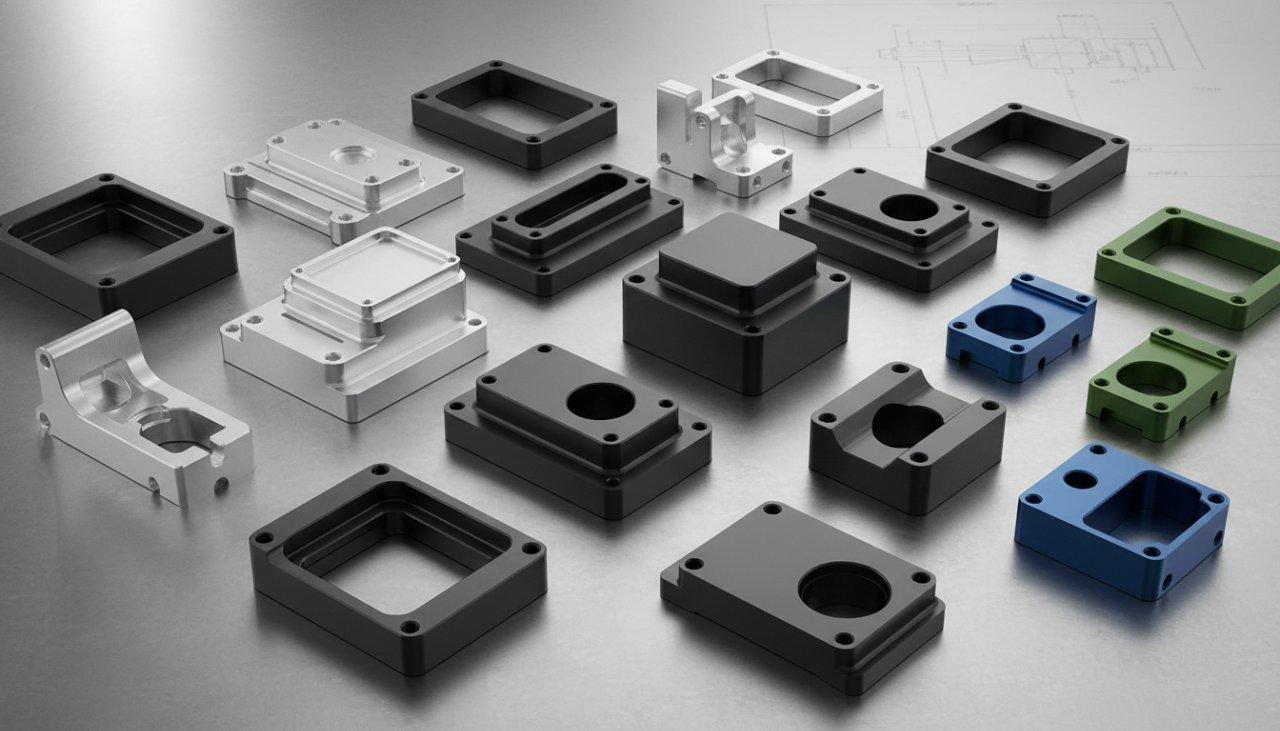 Une collection de pièces en aluminium usinées sur mesure par CNC, présentant diverses finitions anodisées, y compris claire, noire et gris foncé dur, démontrant des capacités de fabrication de précision polyvalentes pour des composants de haute qualité.