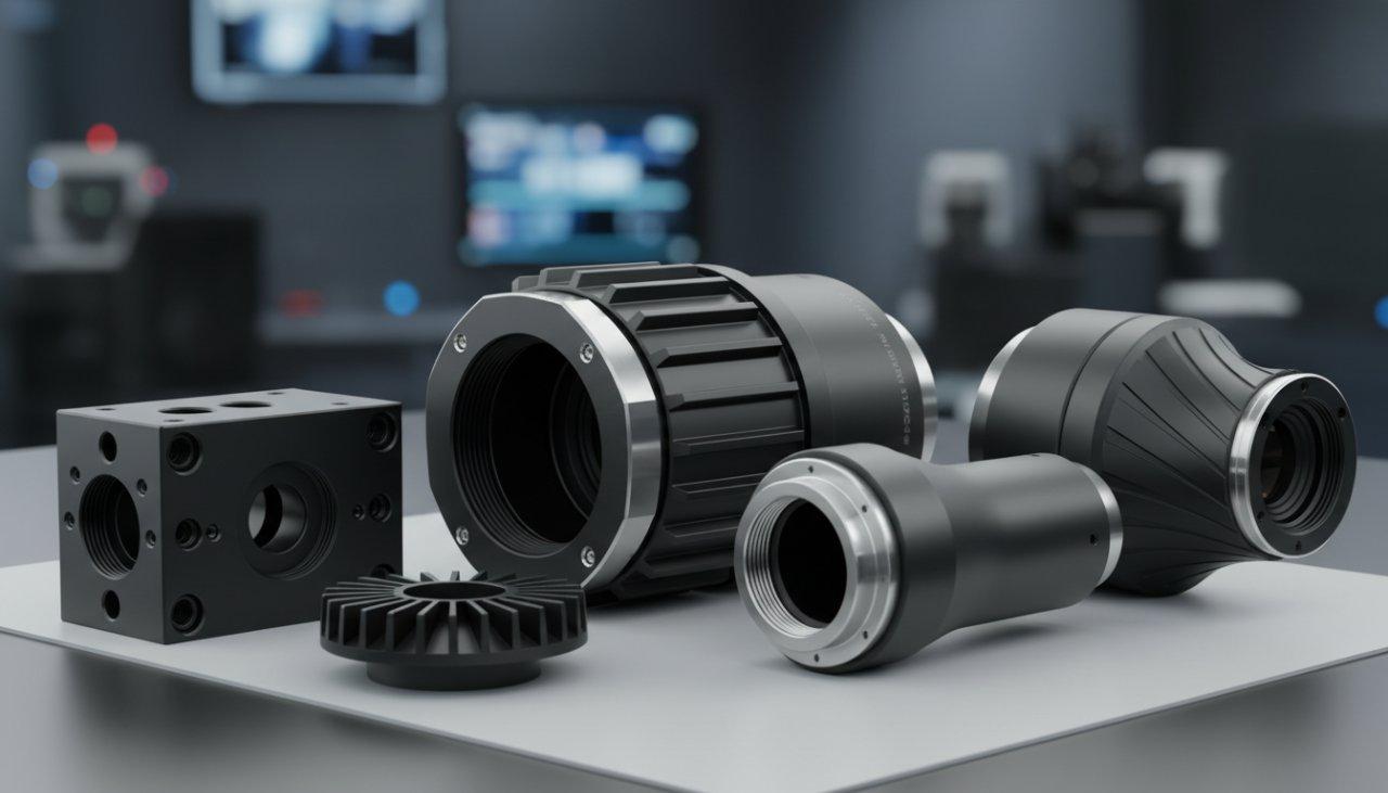 Una colección de cinco carcasas de lentes infrarrojas mecanizadas con CNC, altamente detalladas y con un acabado de superficie excelente y precisión. Estos componentes, que varían en forma y tamaño, están listos para su ensamblaje en un sistema óptico.