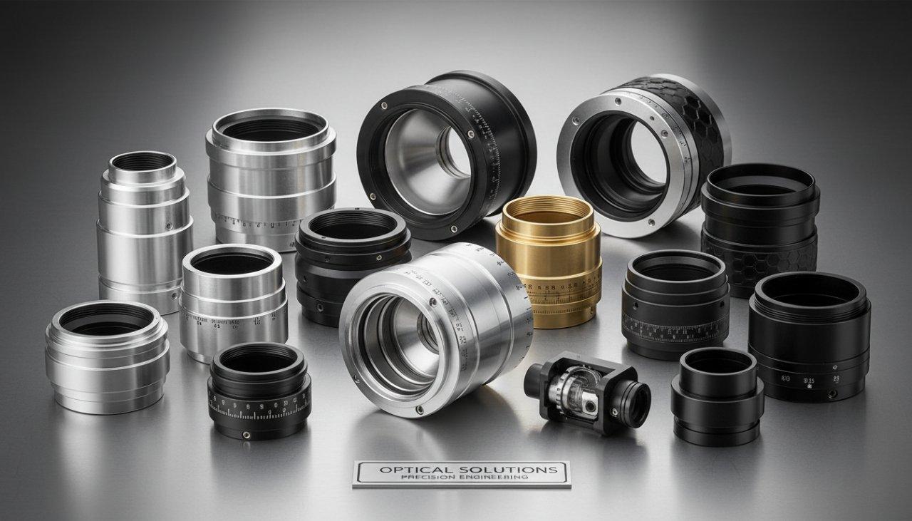 Eine Sammlung hochpräzise CNC-gefertigter optischer Linsengehäuse in verschiedenen Größen und Materialien, die komplexe interne und externe Merkmale präsentieren. Dieses Bild hebt die vielseitige kundenspezifische Fertigung für anspruchsvolle optische Anwendungen hervor.