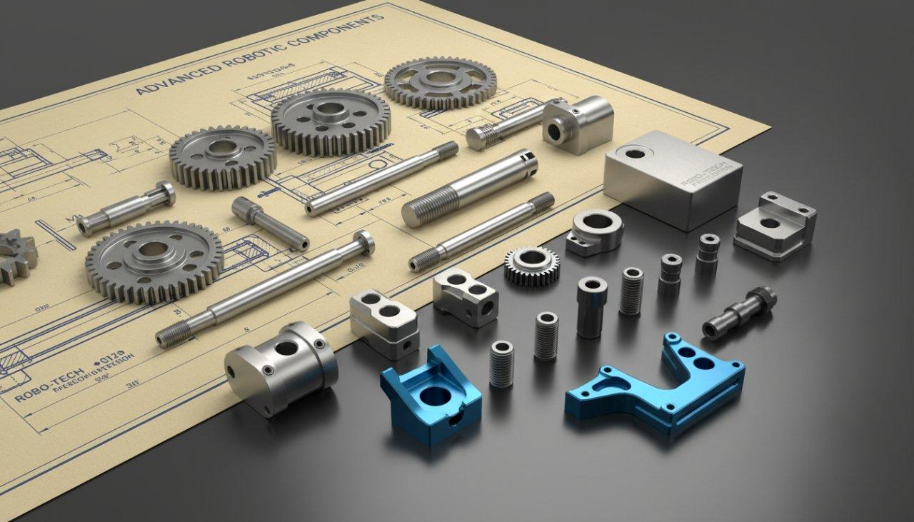 A collection of high-precision CNC machined parts specifically designed for robotic applications, including gears, shafts, housings, and specialized fasteners, artfully arranged on a technical blueprint or clean minimalist surface.