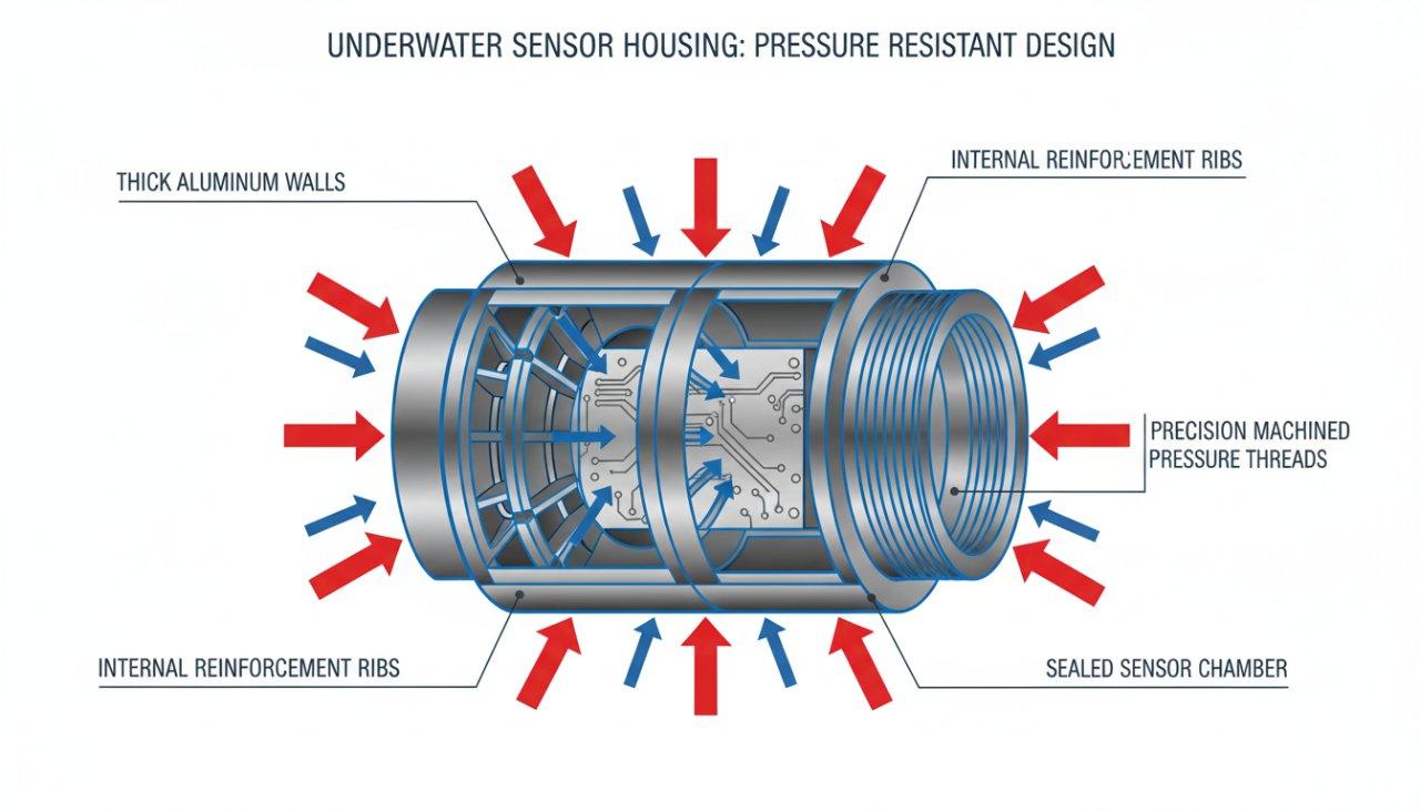 Un diagramme vectoriel en coupe d'un boîtier de capteur sous-marin en aluminium, illustrant des murs épais, des structures de renforcement internes, et des dimensions précises