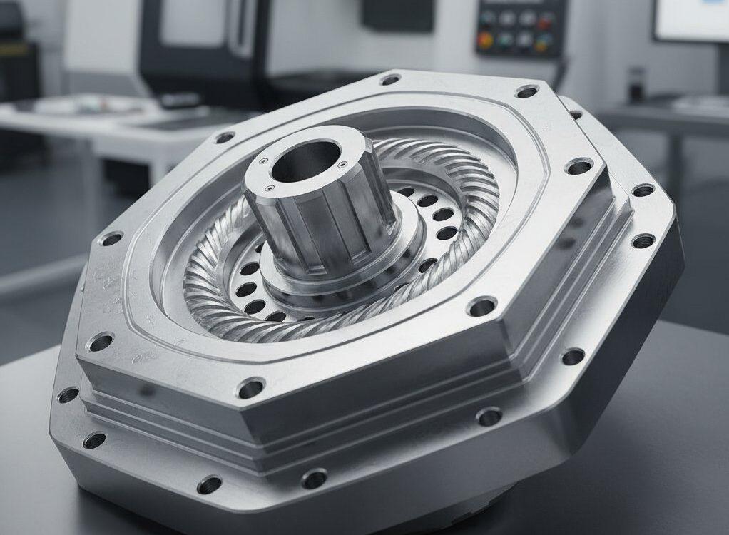 Una toma de primer plano detallada y de alta resolución de una pieza compleja, geométricamente intrincada y de alta precisión mecanizada por CNC hecha de titanio reflectante o mancha