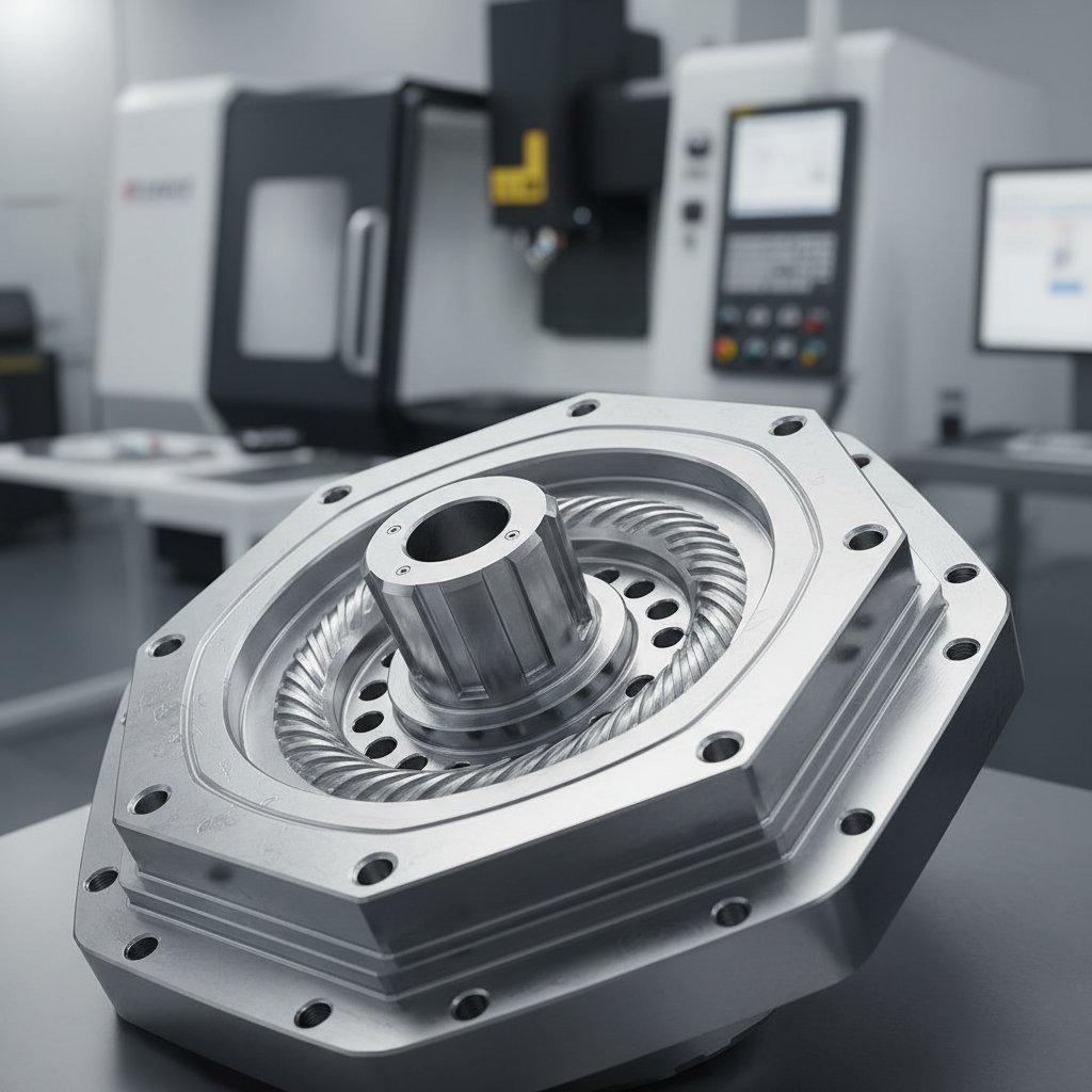 Una toma de primer plano detallada y de alta resolución de una pieza compleja, geométricamente intrincada y de alta precisión mecanizada por CNC hecha de titanio reflectante o mancha