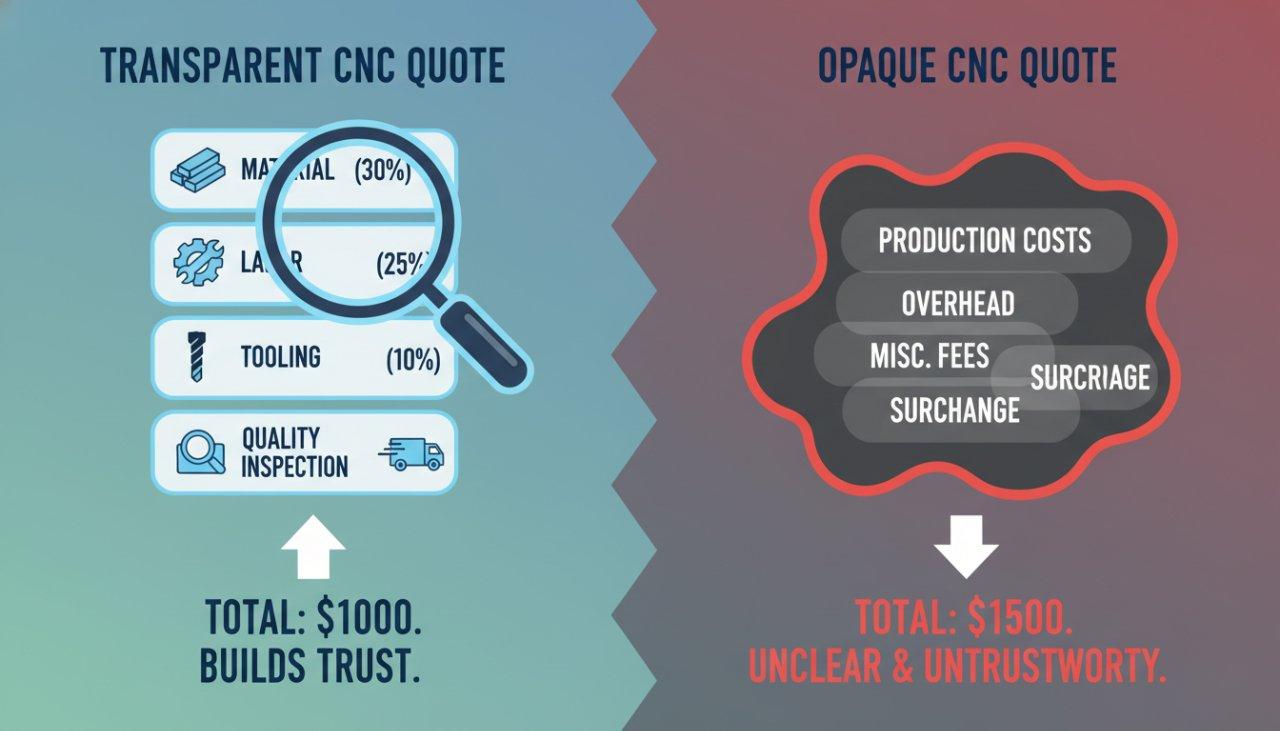 A detailed vector graphic comparing transparent vs. opaque CNC machining quotes. The transparent pricing side clearly itemizes costs for material, labor, tooling, quality inspection, and shipping, fostering trust and highlighted by a magnifying glass icon. The opaque side displays a single, higher lump sum with vague categories, visually demonstrating the difference in pricing clarity and building customer confidence.