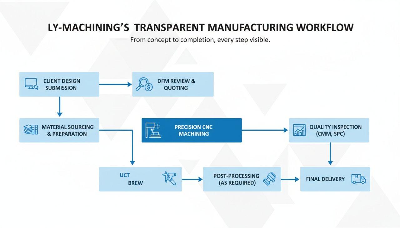 Un diagrama de flujo gráfico vectorial titulado "Flujo de Trabajo de Fabricación Transparente de ly-machining" ilustra el proceso completo de producción en siete etapas. Guía visualmente a través de la Presentación del Diseño del Cliente, Revisión y Cotización DFM, Sourcing y Preparación de Materiales, Mecanizado CNC de Precisión, Inspección de Calidad (CMM, SPC), Post-procesamiento (según sea necesario) y Entrega Final, enfatizando claridad y eficiencia en la fabricación moderna.