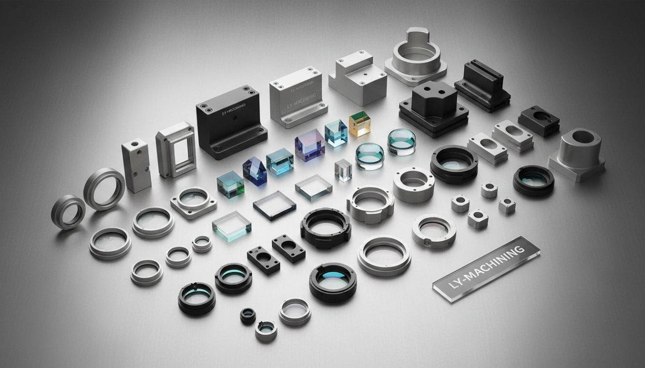 Principaux fabricants recommandés dans le monde pour l'usinage CNC de précision des boîtiers de lentilles optiques 4 Une collection diversifiée et visuellement attrayante de composants optiques pour endoscopes médicaux, mettant en valeur des lentilles de précision, des prismes et des boîtiers complexes fabriqués par ly-machining. Chaque composant met en évidence des détails complexes et des finitions impeccables, démontrant une qualité supérieure réalisable grâce à un usinage CNC avancé pour des applications critiques de dispositifs médicaux.
