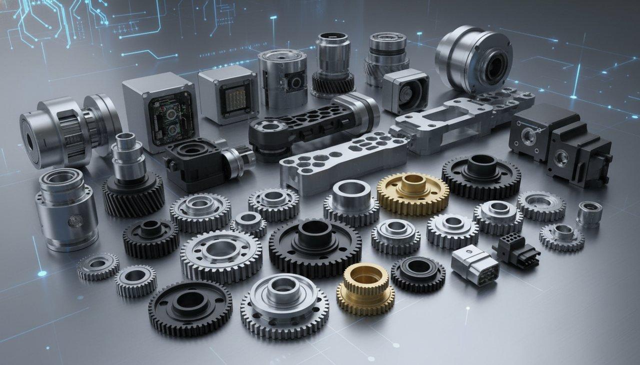Una colección diversa de piezas mecanizadas CNC de alta precisión para robótica y automatización, que presenta engranajes intrincados, componentes de brazos robóticos, carcasas de sensores y conectores especializados, fabricados meticulosamente y dispuestos sobre un fondo limpio y técnico.
