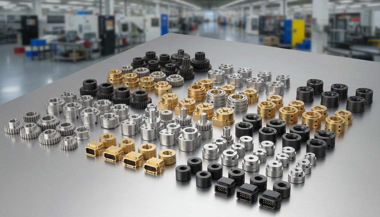 A diverse collection of highly detailed CNC machined components, including precision gears, shafts, housings, and connectors. Showcasing various m