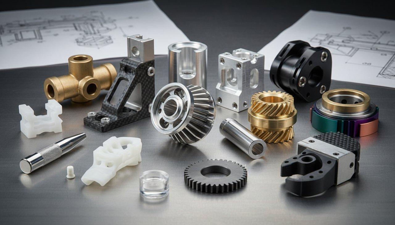 A diverse collection of intricate CNC machined parts made from various materials, showcasing fine surface finishes and complex geometries. The artful arrangement highlights precision machining's versatility and capability for critical applications in aerospace, medical, and robotics industries.