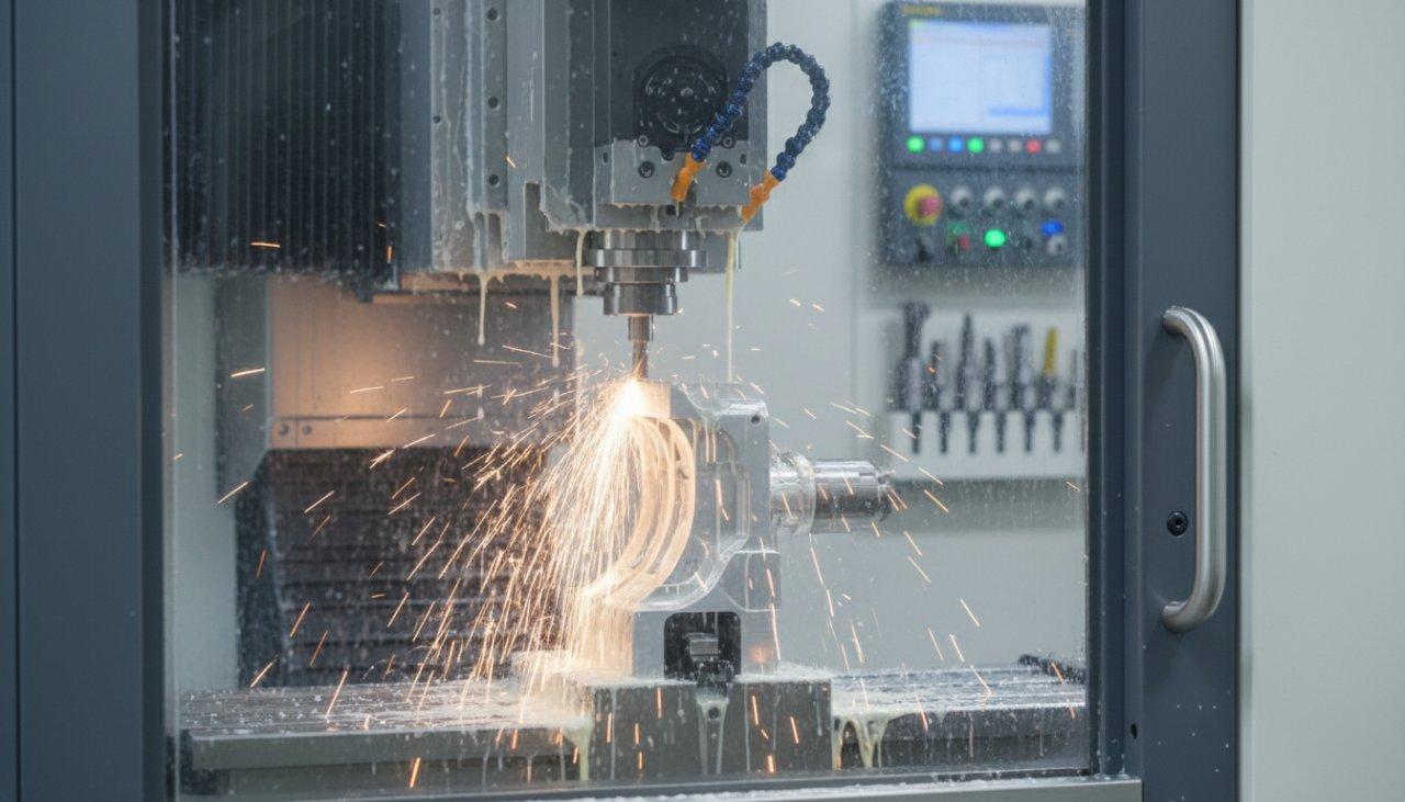 A dynamic close-up of a multi-axis CNC machine in operation, showing the cutting tool precisely engaging a metal workpiece. Coolant flows and sparks are safely contained, illustrating the controlled power and intricate movements essential for advanced precision machining and complex part fabrication.