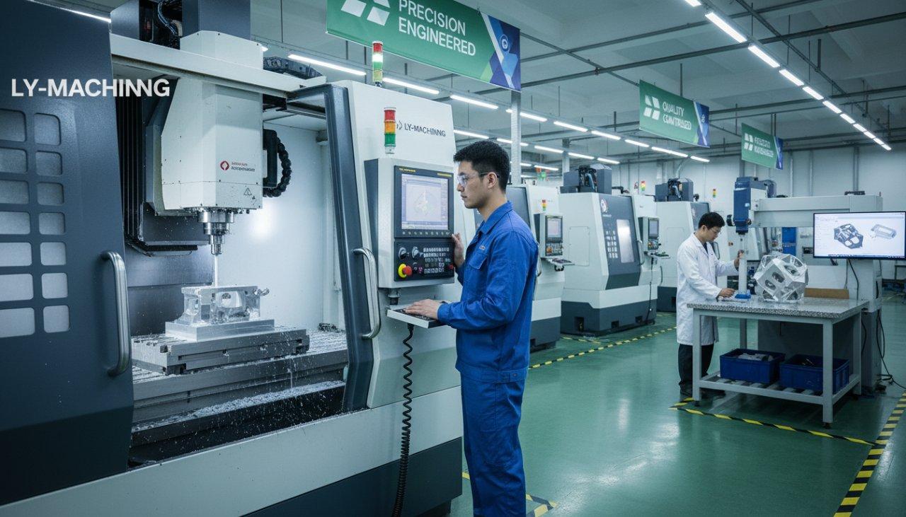 Une photo dynamique d'une usine de ly-machining, mettant en avant ses installations avancées de CNC. Au premier plan, un technicien expérimenté observe une machine CNC multi-axes moderne