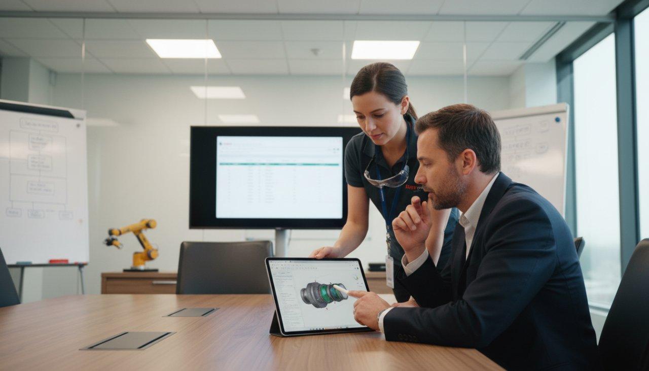 Eine dynamische, professionelle Aufnahme zeigt einen Ingenieur von ly-machining, der in einem modernen Büro mit einem F&E-Manager berät. Sie überprüfen gemeinsam eine technische Zeichnung oder ein 3D-Modell einer optischen Komponente auf einem Tablet und betonen effektives Projektmanagement und klare Kommunikation.