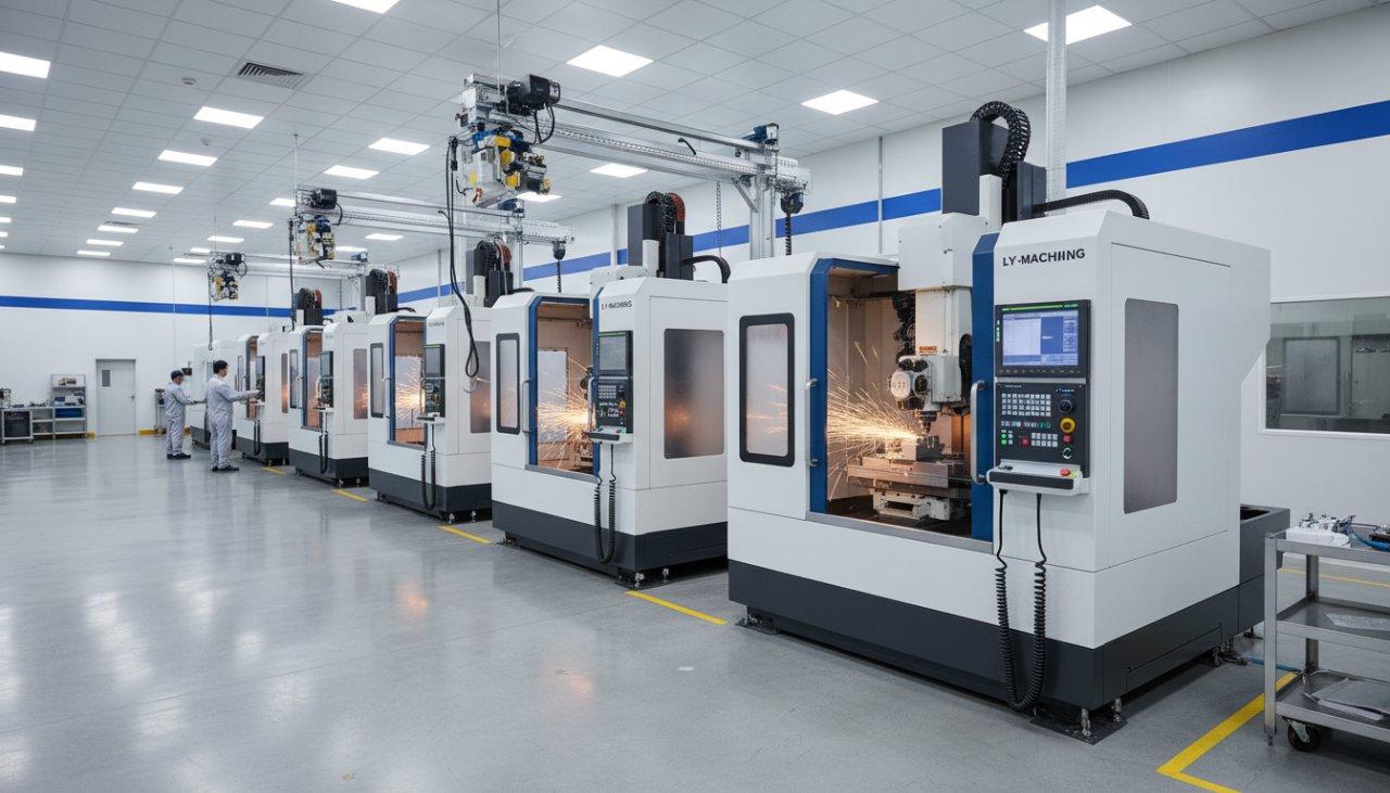 A dynamic shot inside ly-machining's clean and organized factory, showcasing multiple advanced 5-axis CNC milling machines actively cutting metal with contained sparks. This scene highlights modern technology, automation, and a high-efficiency production environment.