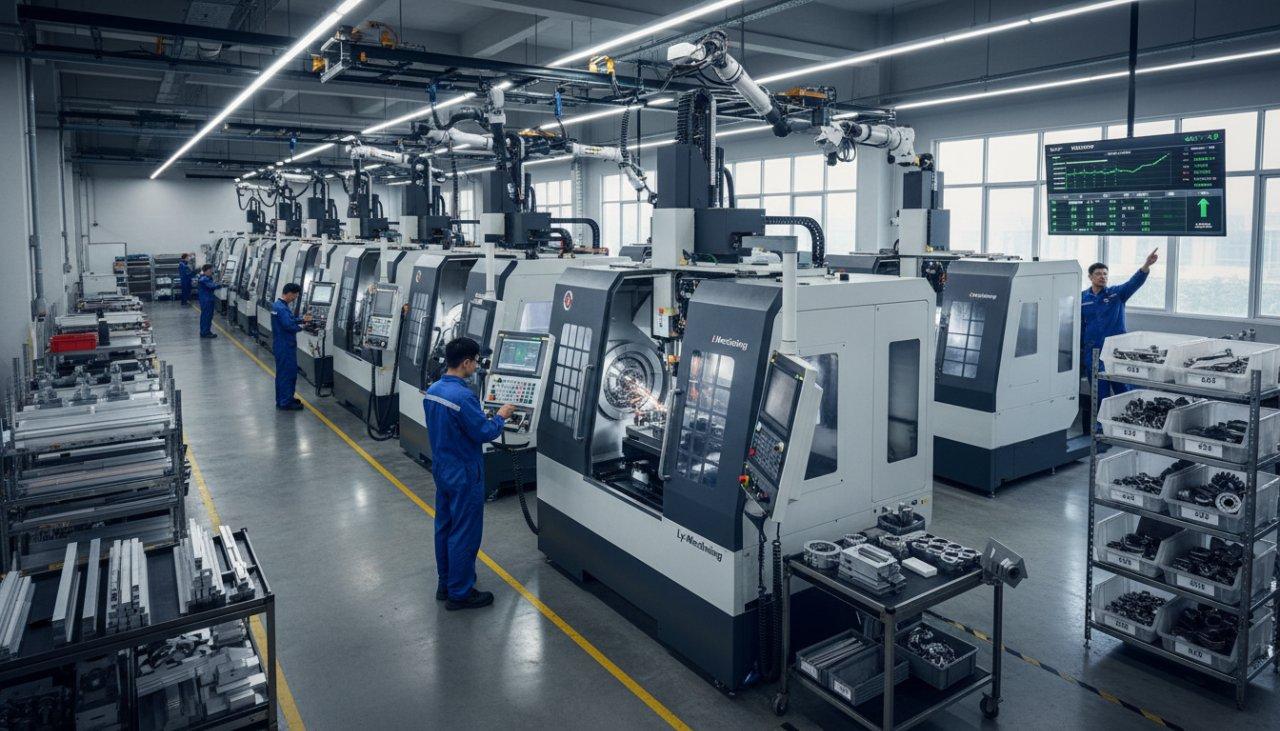 A dynamic, wide-angle shot of ly-machining's modern, well-organized factory floor, showcasing multiple CNC machines in full operation. Technicians