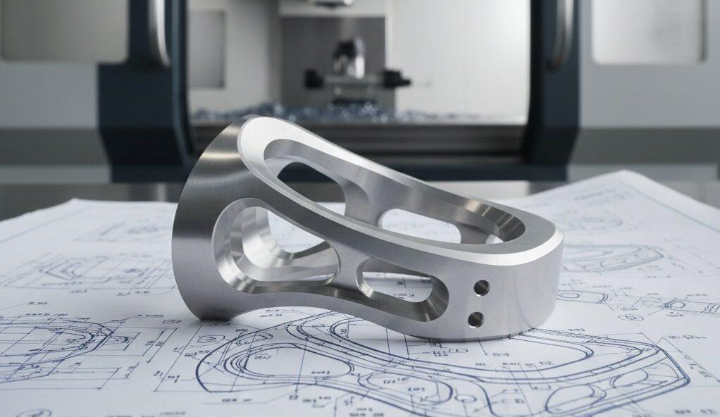 A high-precision CNC machined aerospace part, possibly titanium or aluminum, exhibiting intricate details and a smooth surface finish. It rests on a detailed technical blueprint, with sophisticated multi-axis CNC machinery subtly blurred in the background, symbolizing advanced manufacturing capabilities and the confluence of design and engineering precision.