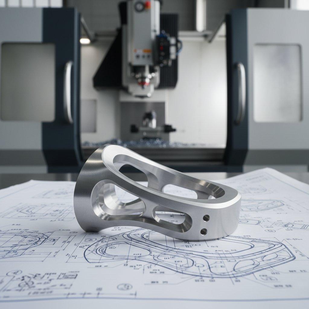 A high-precision CNC machined aerospace part, possibly titanium or aluminum, exhibiting intricate details and a smooth surface finish. It rests on a detailed technical blueprint, with sophisticated multi-axis CNC machinery subtly blurred in the background, symbolizing advanced manufacturing capabilities and the confluence of design and engineering precision.