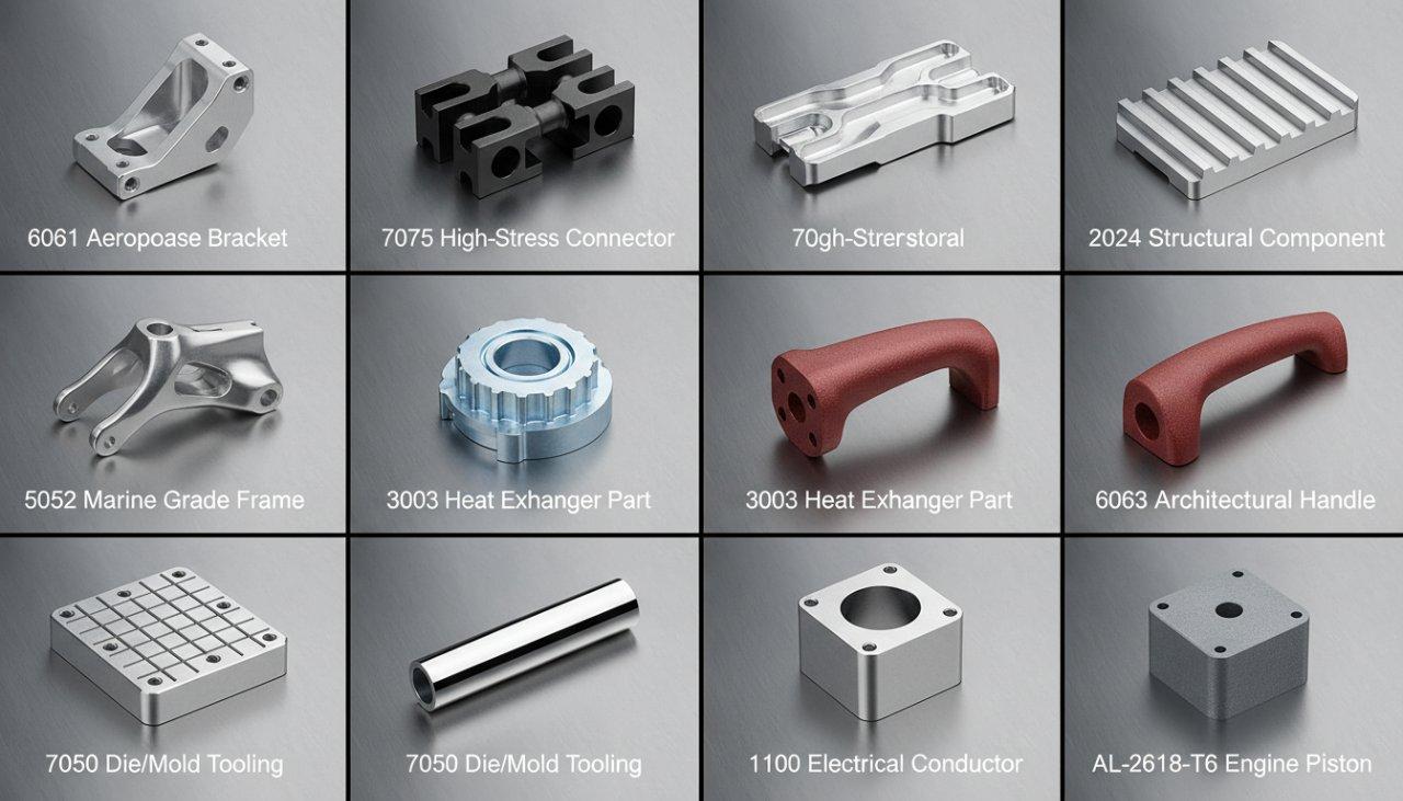 A high-quality collage showcasing various custom CNC machined aluminum parts, each distinctly labeled with its specific alloy. Featured components