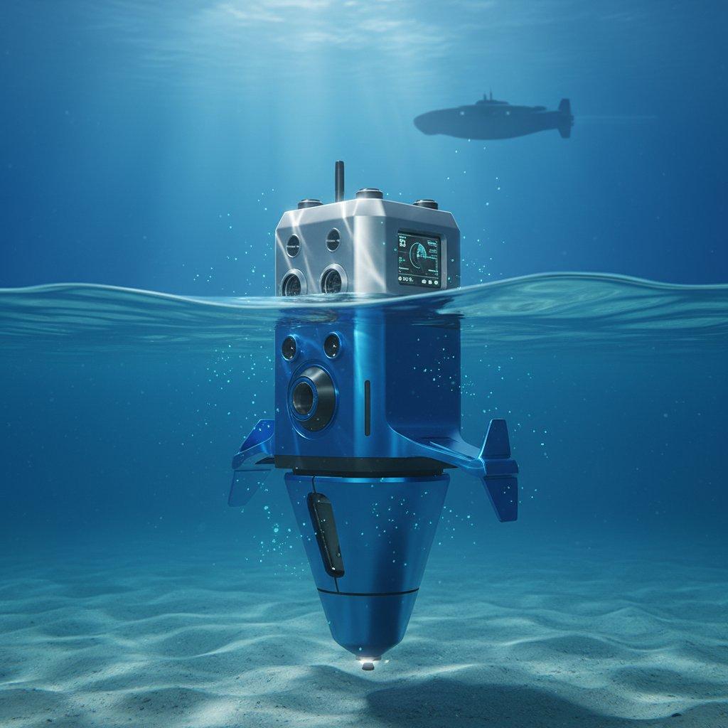 Une représentation artistique haute résolution d'un boîtier de capteur sous-marin moderne et élégant en aluminium usiné, mettant en valeur une finition anodisée impeccable. Le boîtier est à moitié immergé dans une eau océanique bleue claire avec des rayons de lumière subtils filtrant à travers, sur un fond d'océan profond évoquant une silhouette de submersible faint.