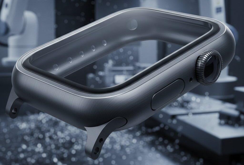 Fabricants de usinage CNC : Pièces de précision sur mesure pour l'électronique grand public et les wearables intelligents 1 Une vue rapprochée en haute résolution d'un boîtier de montre intelligente élégant, méticuleusement fini, en aluminium anodisé, mettant en valeur ses détails fins, lisse