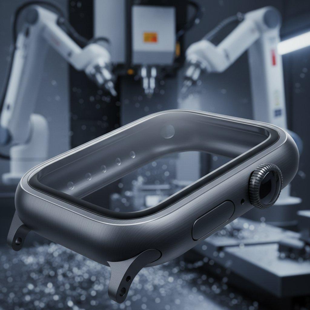 Une vue rapprochée en haute résolution d'un boîtier de montre intelligente élégant, méticuleusement fini, en aluminium anodisé, mettant en valeur ses détails fins, lisse