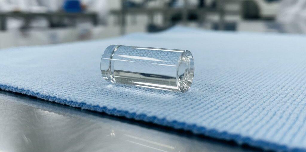 Principaux fabricants recommandés dans le monde pour l'usinage CNC de précision des boîtiers de lentilles optiques 1 Une photographie en haute résolution, en gros plan, d'un composant de lentille optique de endoscope médical, reposant sur un tissu antistatique propre. La lentille présente une clarté parfaite et une surface immaculée, reflétant une lumière ambiante minimale, mettant en valeur la précision, la qualité et l'ingénierie optique avancée. L'arrière-plan est doucement flou, évoquant un environnement de salle blanche stérile.