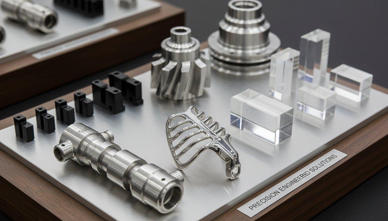Una imagen de colección de productos de alta resolución que muestra diversas piezas mecanizadas CNC de alta precisión, incluidos implantes médicos, accesorios aeroespaciales y componentes ópticos, dispuestos estéticamente para resaltar sus detalles intrincados, su acabado superficial superior y su calidad de fabricación constante.