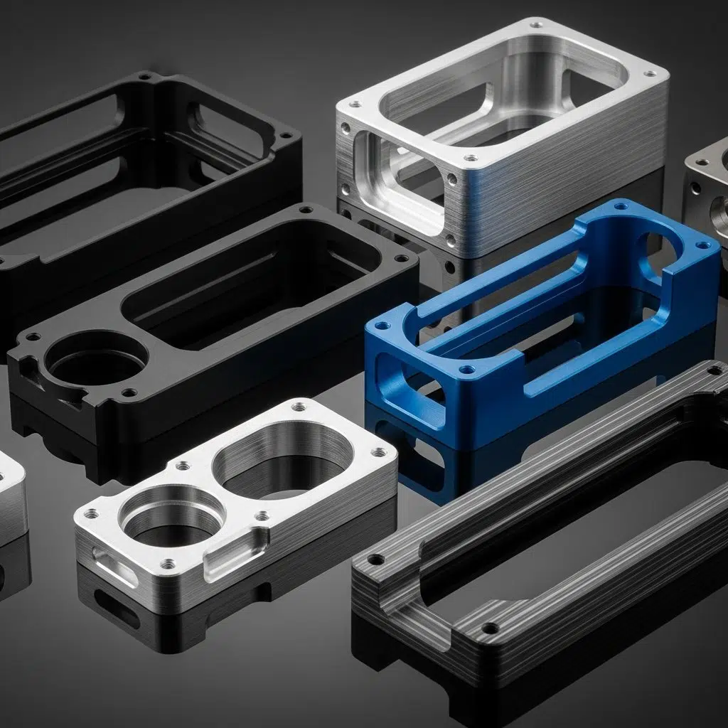 A high resolution studio shot of intricately CNC machined aluminum enclosure parts displayed on a dark reflective surface. The image showcases va