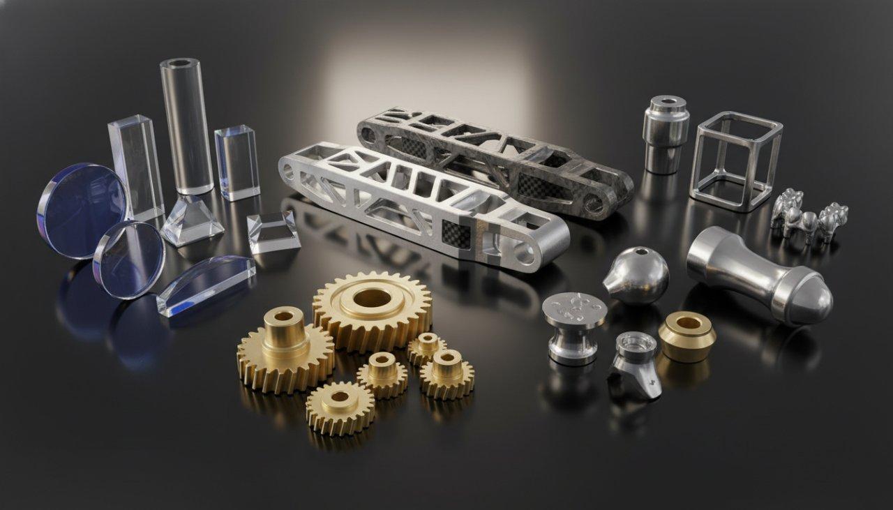 Una imagen de colección de productos muy detallada que muestra una variedad de piezas mecanizadas CNC de alta precisión para diferentes industrias. Incluye g en miniatura