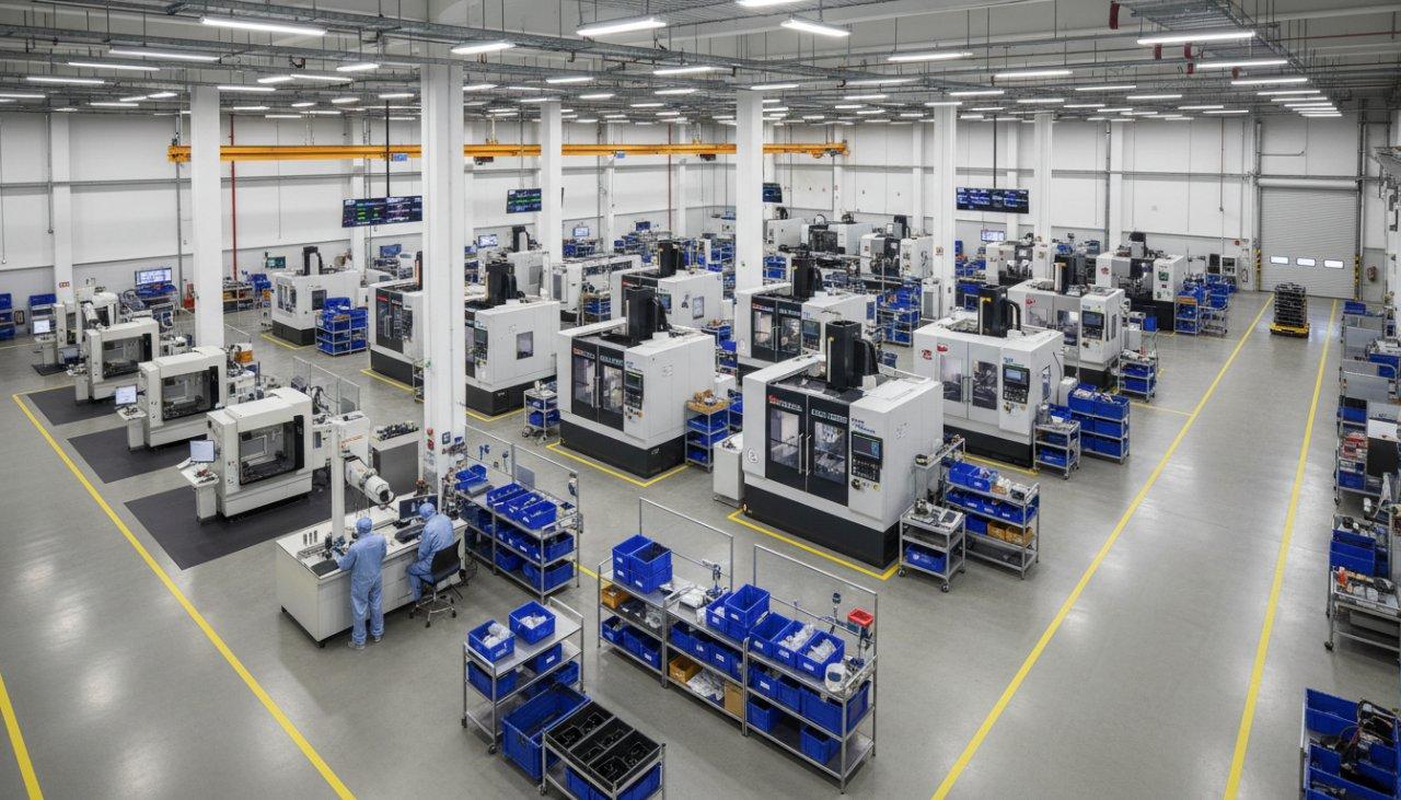 Una visión general de una instalación moderna de mecanizado CNC, que muestra máquinas CNC avanzadas de 3 e 5 ejes en un espacio de trabajo limpio y organizado. La imagen resalta