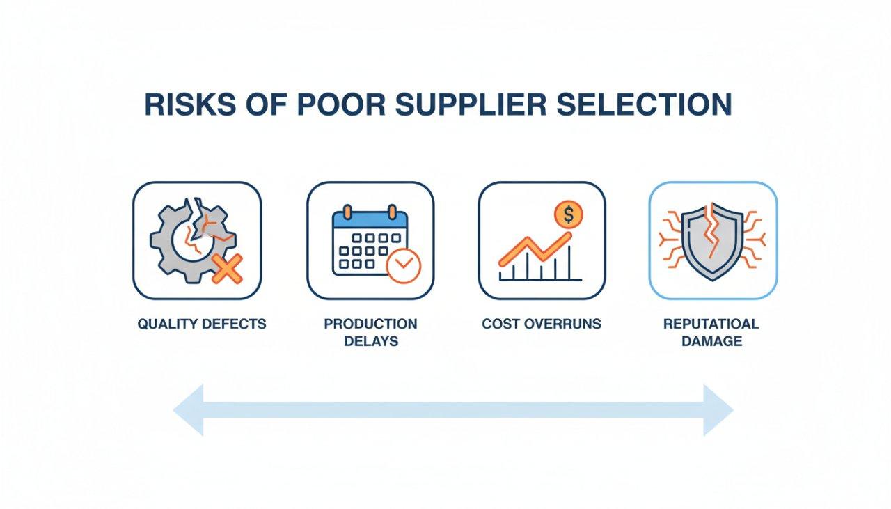 A modern vector infographic detailing the Risks of Poor Supplier Selection, visually illustrating four key challenges Quality Defects (represen