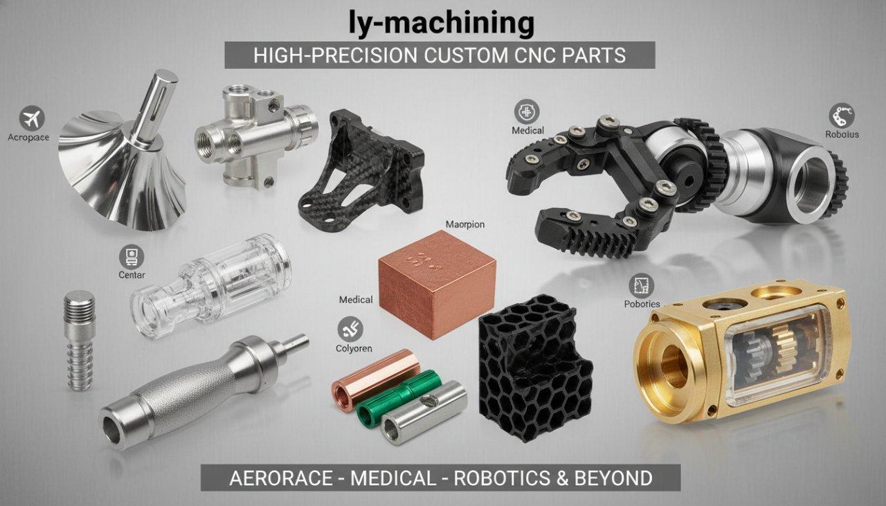 A product collage by ly-machining featuring a diverse range of high-precision custom CNC parts, showcasing geometric complexity and material versatility for aerospace, medical, and robotics industries.