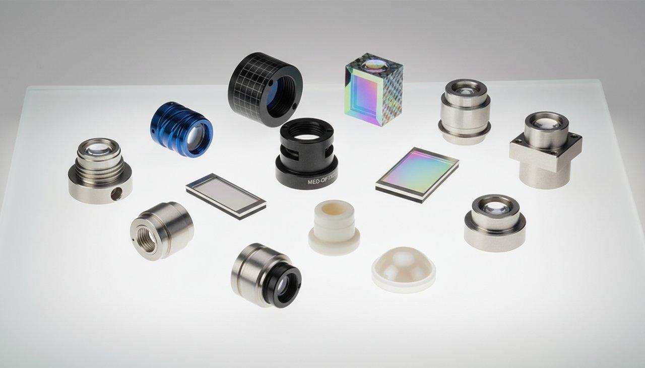 A product collection image showcasing a variety of small, intricate CNC machined medical optical components from diverse angles, highlighting thei