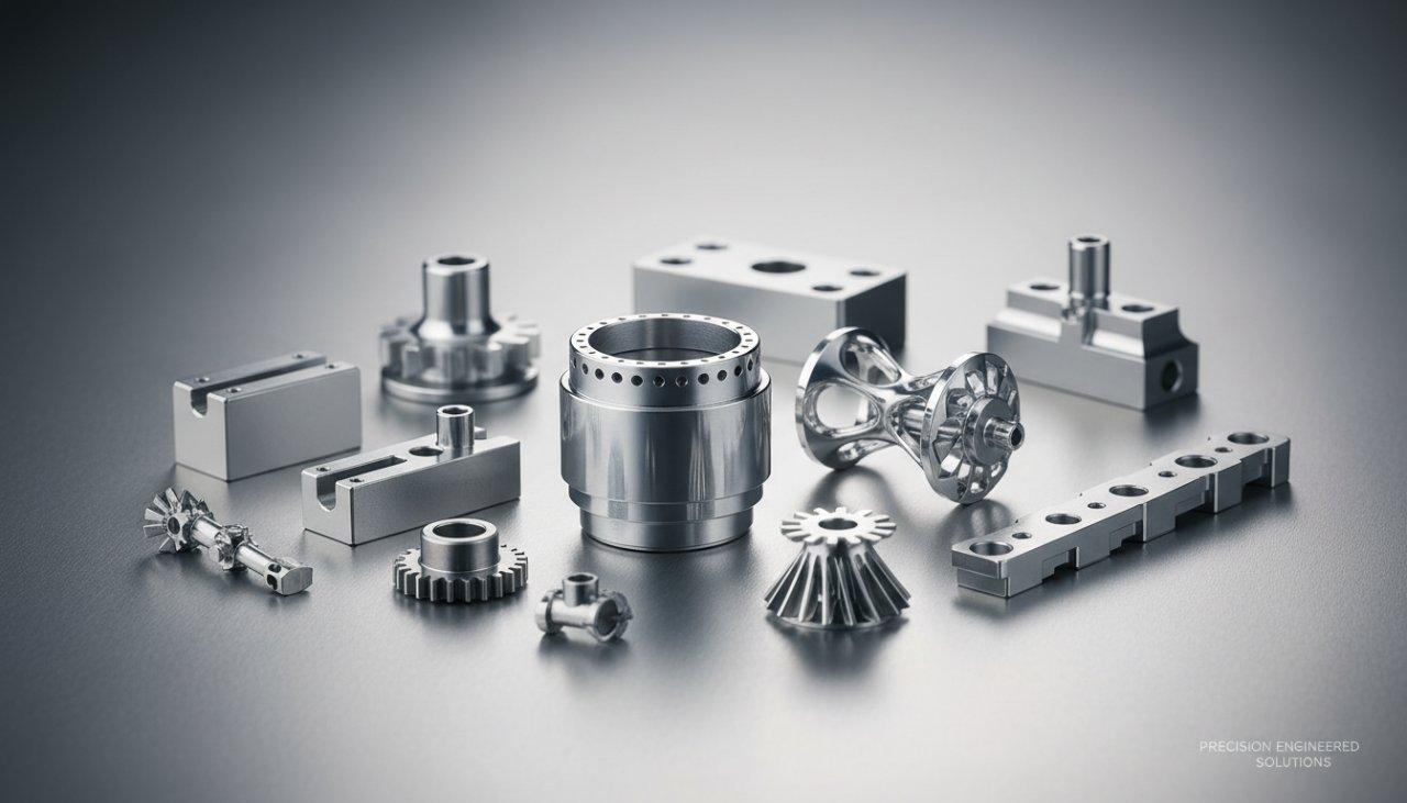 Une collection de produits présentant des pièces usinées de haute précision avec des géométries complexes, des micro-trous visibles et des surfaces brillantes et parfaites, spécialement conçues pour les assemblages optiques, dispositifs médicaux et applications aéronautiques.