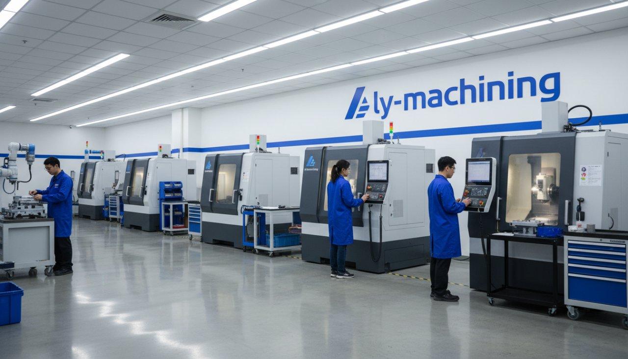A professional and clean workshop floor at ly-machining's facility, showcasing modern CNC machines in operation with skilled technicians, conveyin