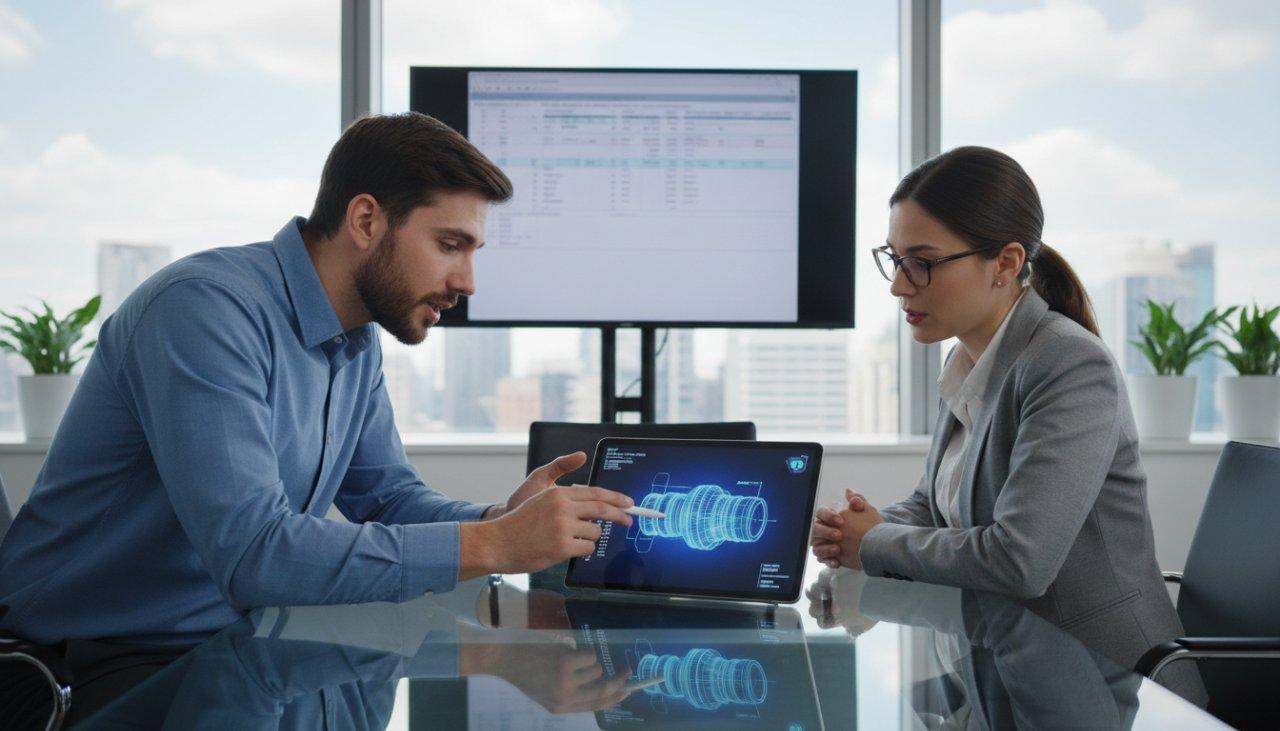 Un ingénieur professionnel de ly-machining consulte un client en R&D dans un bureau moderne, examinant en collaboration un modèle 3D d'un composant optique avancé.
