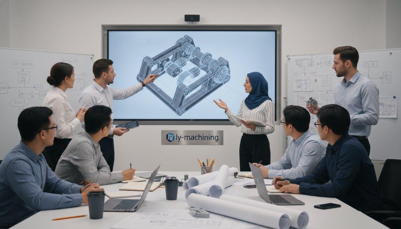 Una fotografía profesional del diverso equipo de ingeniería de ly-machining revisando colaborativamente un modelo CAD 3D en una pantalla grande en una oficina moderna