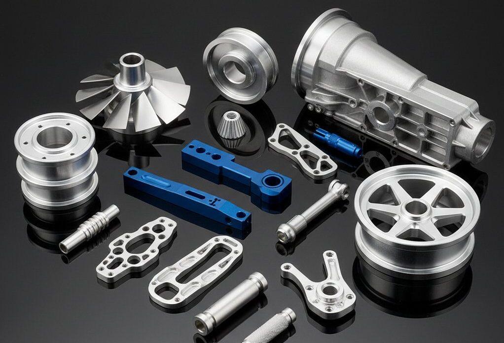 A professional studio shot showcasing various intricately CNC machined aluminum parts from aerospace, medical, and automotive industries. The part