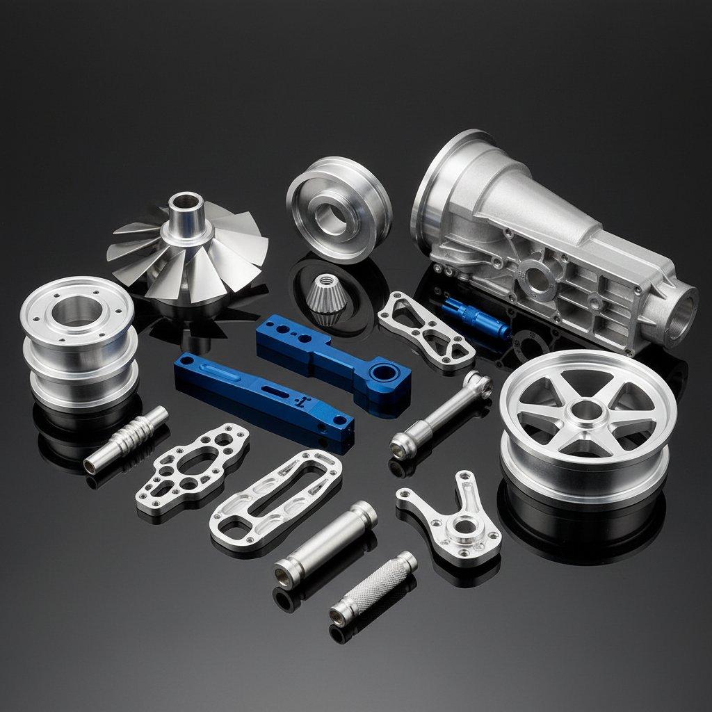 A professional studio shot showcasing various intricately CNC machined aluminum parts from aerospace, medical, and automotive industries. The parts are aesthetically arranged on a dark, reflective surface, highlighting their diverse surface finishes, complex geometries, precision, and high quality.