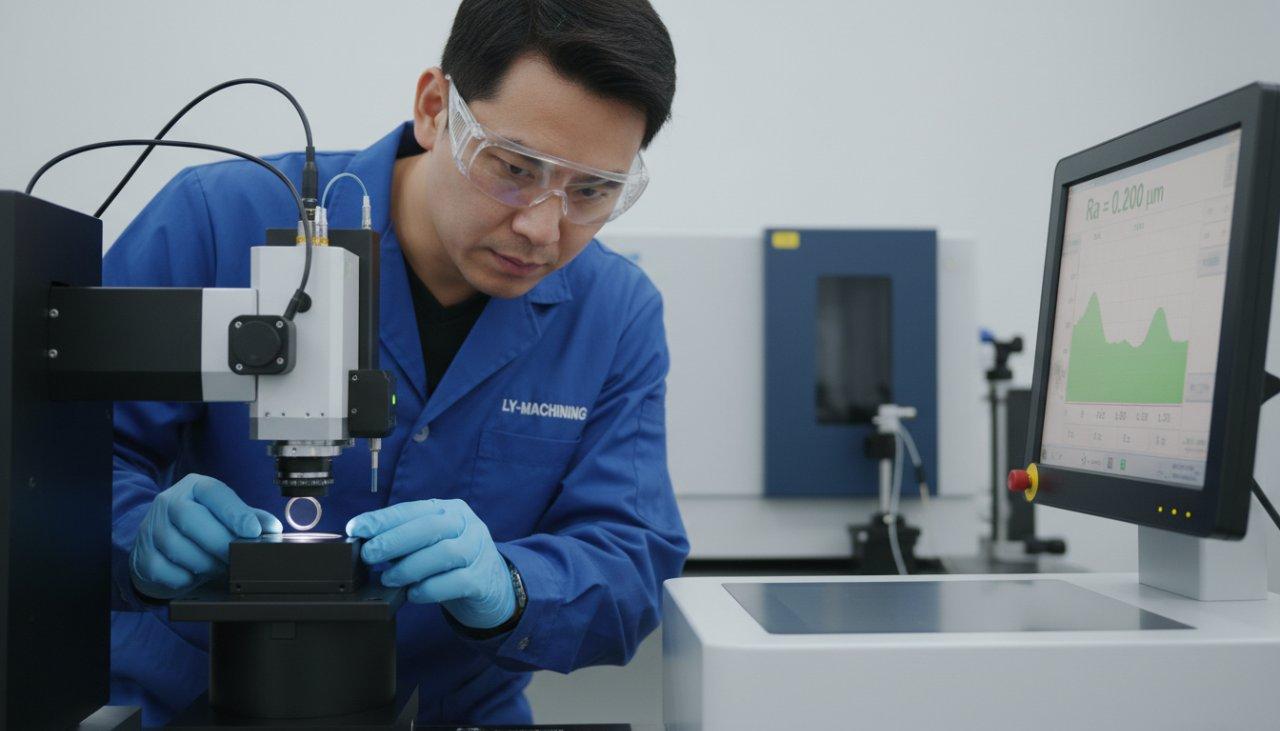 Un ingénieur assurance qualité chez ly-machining opère méticuleusement un profilomètre optique sans contact de haute technologie, mesurant précisément la surface r