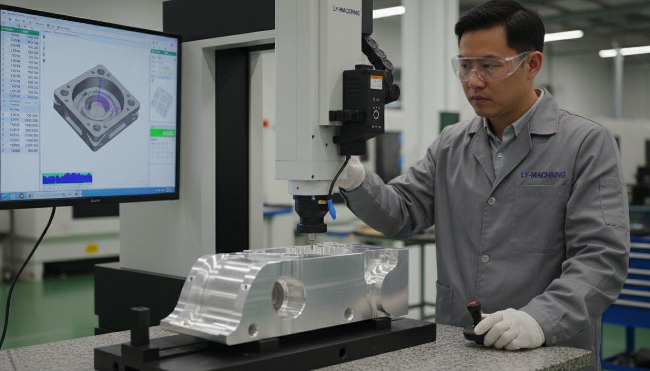 A quality control technician at Ly-machining meticulously operates a Coordinate Measuring Machine (CMM) to inspect a complex CNC machined part. The digital display showcases detailed measurements, emphasizing Ly-machining's dedication to precision, accuracy, and advanced inspection capabilities.