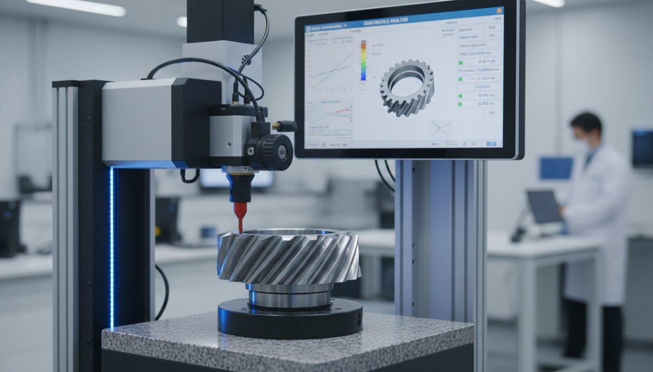 A sophisticated gear measuring machine GMM meticulously inspects a precision reducer gear displaying detailed measurement data on its digital i