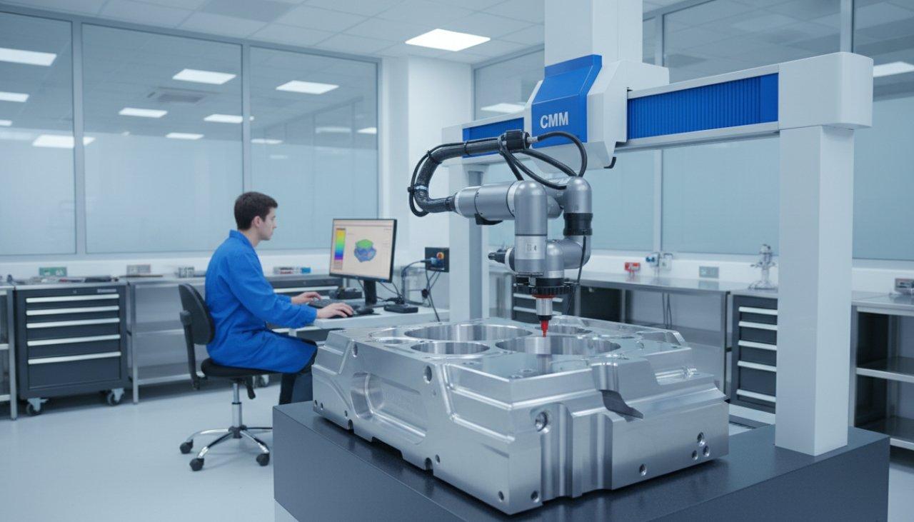 Una máquina de medición de coordenadas (CMM) de última generación que inspecciona meticulosamente una pieza CNC de metal brillante y compleja en un laboratorio de control de calidad bien iluminado. El brazo de la sonda de la CMM hace contacto preciso, asegurando la precisión dimensional, mientras que un técnico monitorea los datos de medición en tiempo real en la pantalla de una computadora para el aseguramiento de la calidad y la fabricación de precisión.