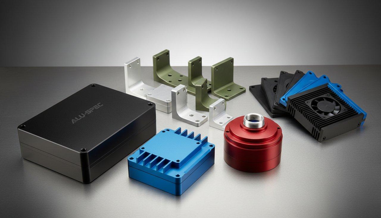 Une collection frappante de composants en aluminium anodisé très détaillés, soigneusement disposés sur un fond professionnel propre. Caractéristiques incluent des enceintes en aluminium sur mesure, des supports usinés avec précision et des dissipateurs thermiques haute performance, tous illustrant une qualité exceptionnelle, une finition durable et une précision d'ingénierie pour des applications industrielles et spécialisées.