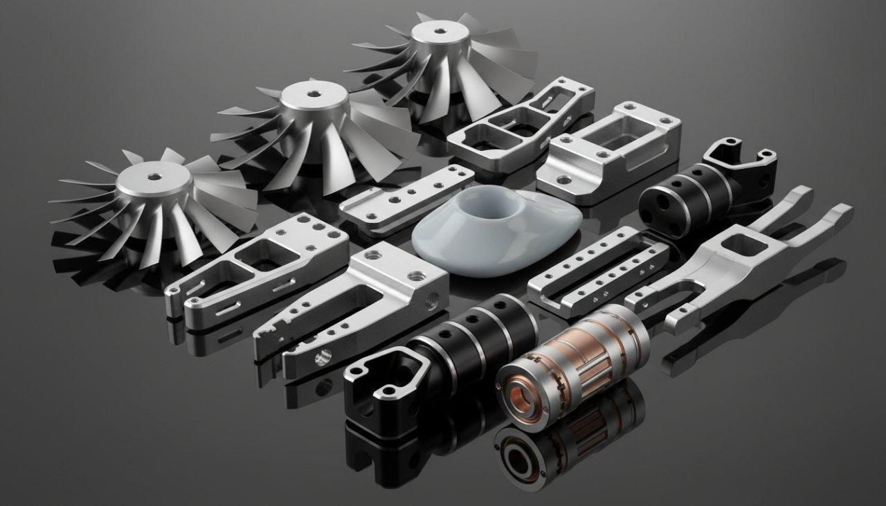 Una impresionante colección de piezas mecanizadas CNC de alta precisión para las industrias aeroespacial, médica y de alta tecnología. La collage presenta intrincadas